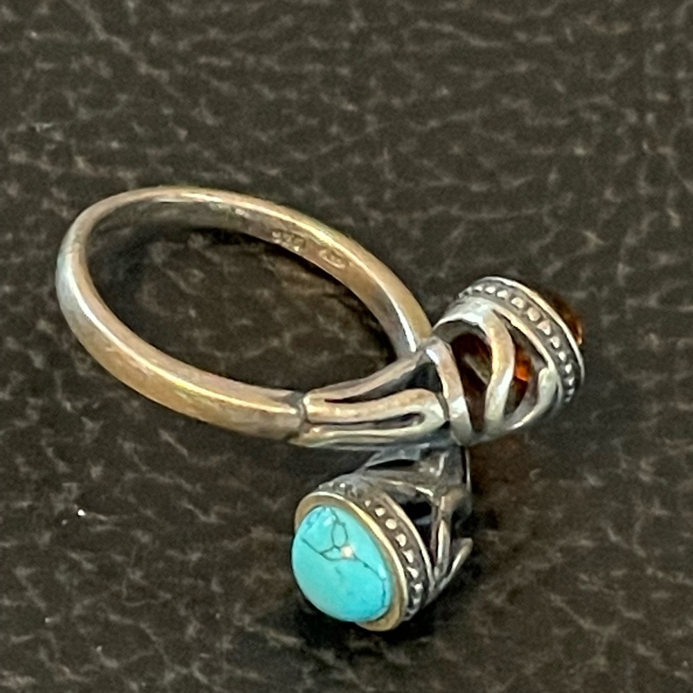 Sterling silver amber and turquoise crossover  ring